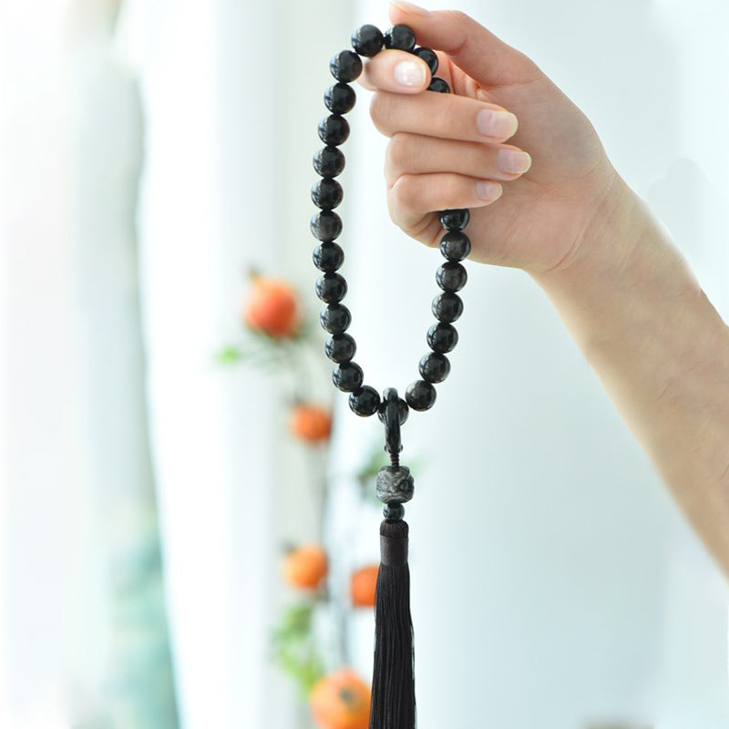 Buddha Stones Natural Silver Sheen Obsidian Lion Wrist Mala Protection Tassels Pocket Mala Car Decoration