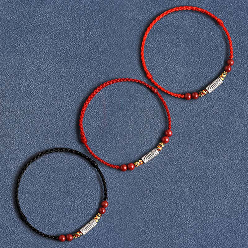 EverestArtstudios 925 Sterling Silver Koi Fish Cinnabar Bead Wealth Handcrafted Braided Bracelet Anklet