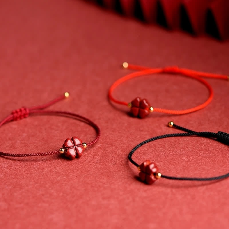 EverestArtStudios Natural Cinnabar Four Leaf Clover Blessing Red String Bracelet Anklet