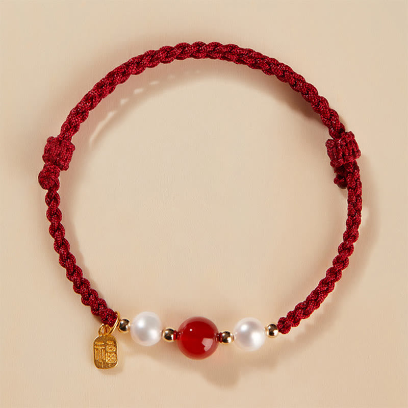 EverestArtstudios 925 Sterling Silver Good Fortune Fu Character Agate Pearl Red String Braid Bracelet