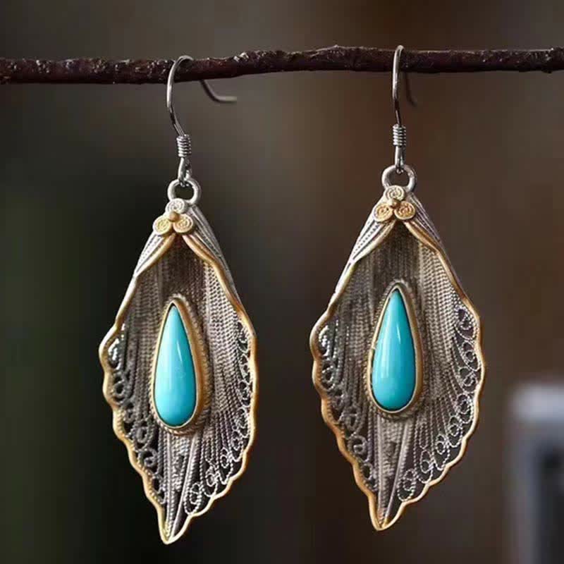 EverestArtStudios 925 Sterling Silver Turquoise Bodhi Leaf Pattern Protection Drop Dangle Earrings