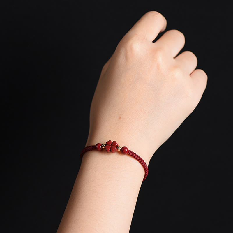 EverestArtstudios Four Leaf Clover Five-petal Flower Cinnabar Blessing Red String Bracelet