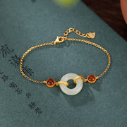 Buddha Stones 925 Sterling Silver Plated Gold Natural Hetian Jade Peace Buckle Red Agate Luck Bracelet