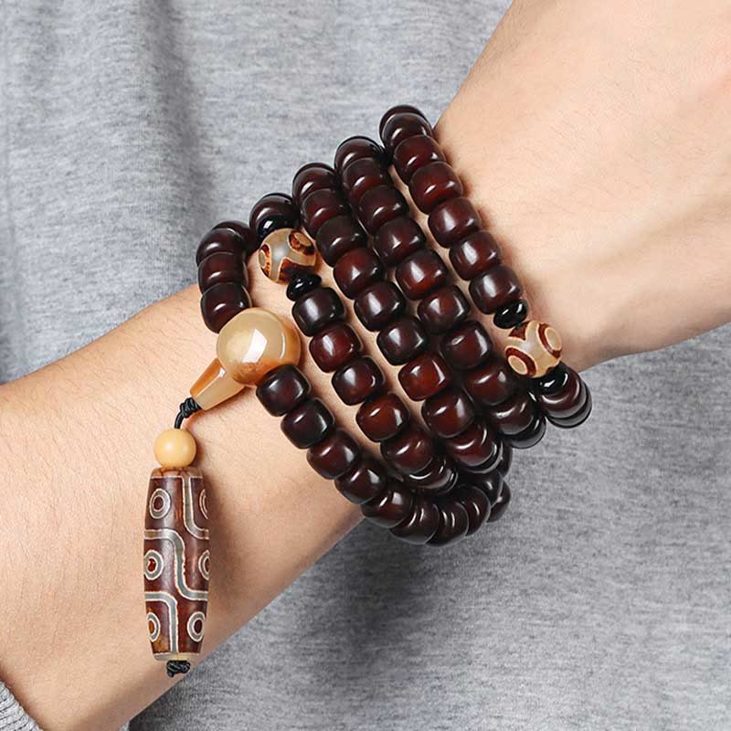 EverestArtstudios 108 Mala Beads Three-eyed Dzi Bead Nine-eye Dzi Bead Jade Luck Bracelet