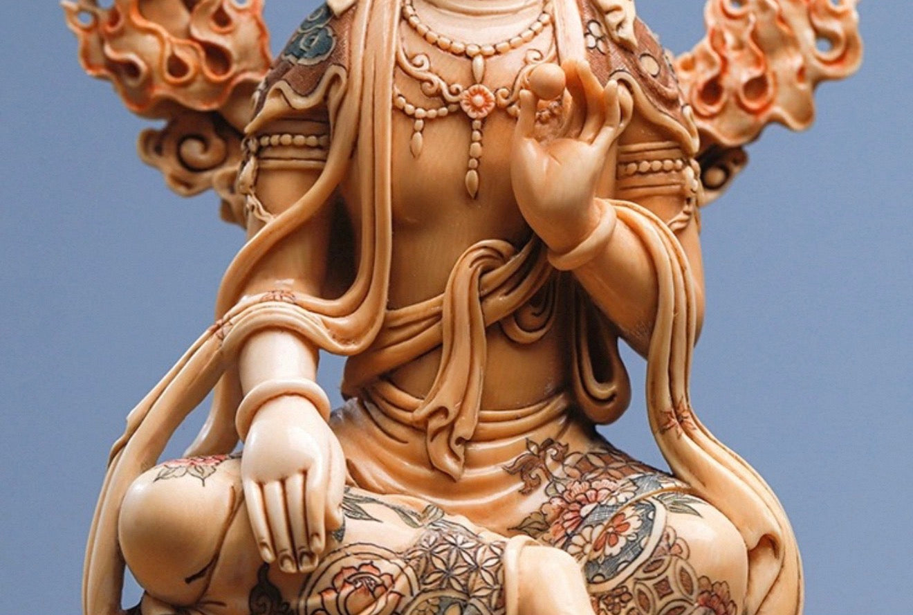 EverestArtStudios Natural Reclaimed Mammoth Ivory Water Moon Guanyin Avalokiteshvara Statue, Hand Carved Bodhisattva Sculpture, Buddhist Altar Decor, Collectible Art