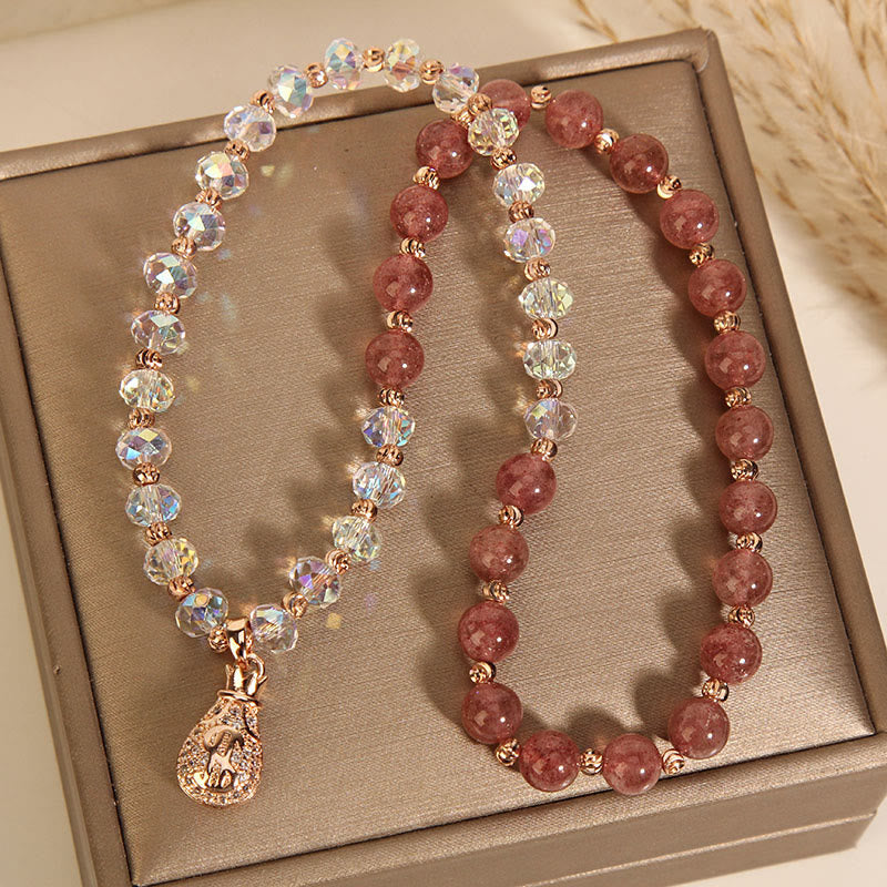 EverestArtStudios Strawberry Quartz White Crystal Money Bag Charm Positive Bracelet