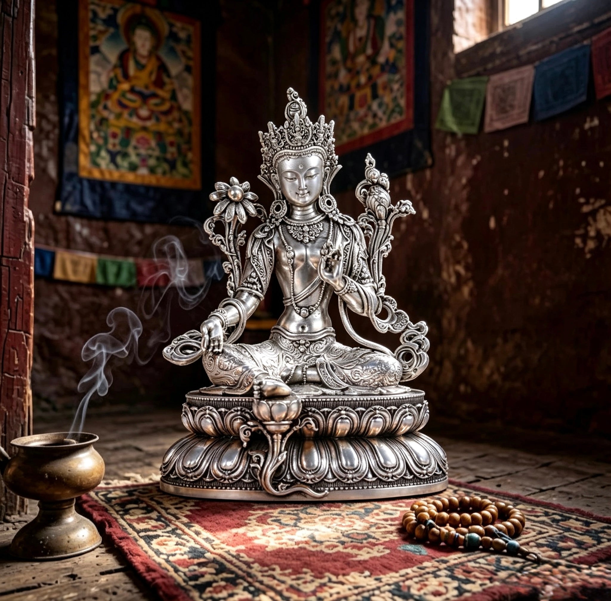 Multiple Statues Guru Rinpoche Tibetan Buddhist Buddha, Silver Plated White Copper Guru Rinpoche Figurine, Altar Shrine Meditation Decor