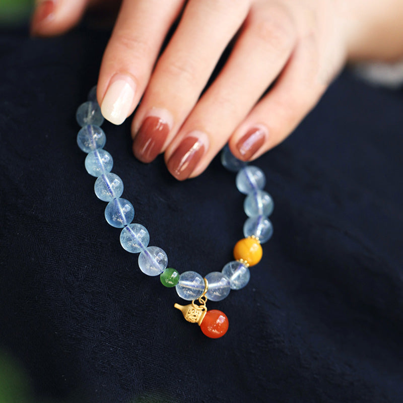 Buddha Stones Aquamarine Red Agate Peace Gourd Charm Bracelet
