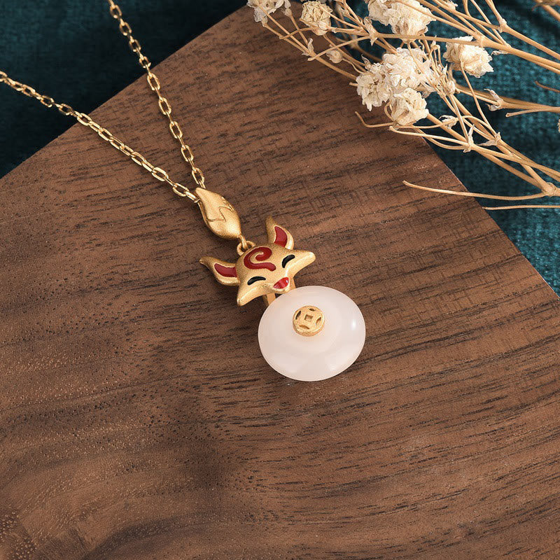 EverestArtstudios White Jade Fox Copper Coin Protection Luck Necklace Pendant