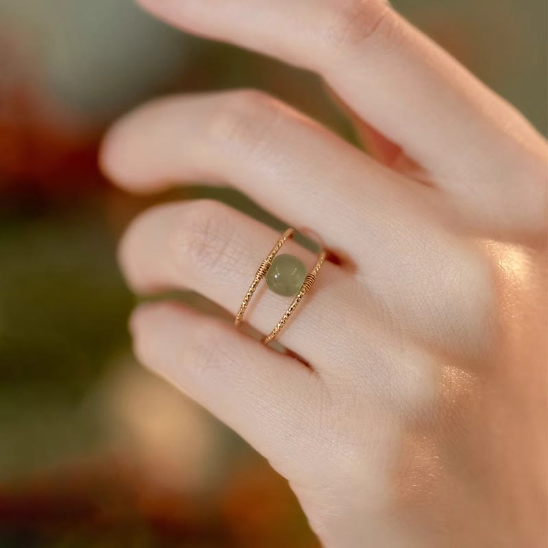 EverestArtstudios Round Jade Pearl Bead Double Layer Copper Luck Adjustable Ring