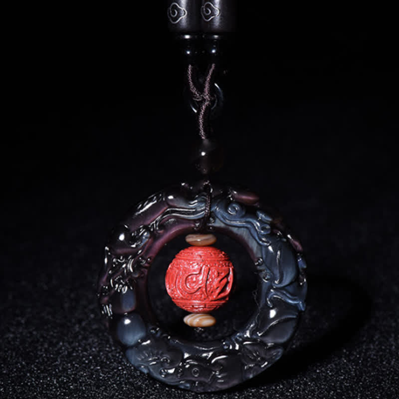Buddha Stones FengShui Natural Rainbow Obsidian PiXiu Cinnabar Healing Necklace Pendant
