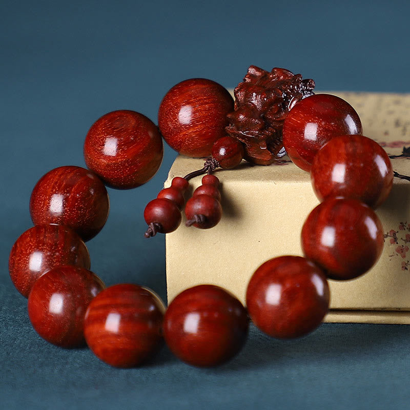 EverestArtStudios Rosewood Green Sandalwood Small Leaf Red Sandalwood Dragon Carved Protection Bracelet