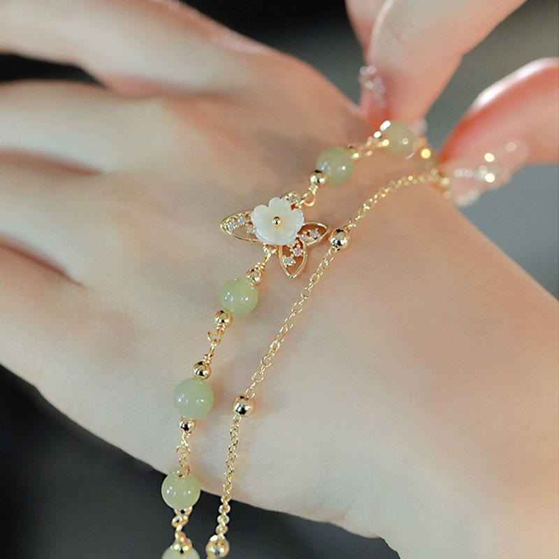 EverestArtStudios 14K Gold Plated Jade Butterfly Tridacna Stone Flower Double Layer Luck Bracelet