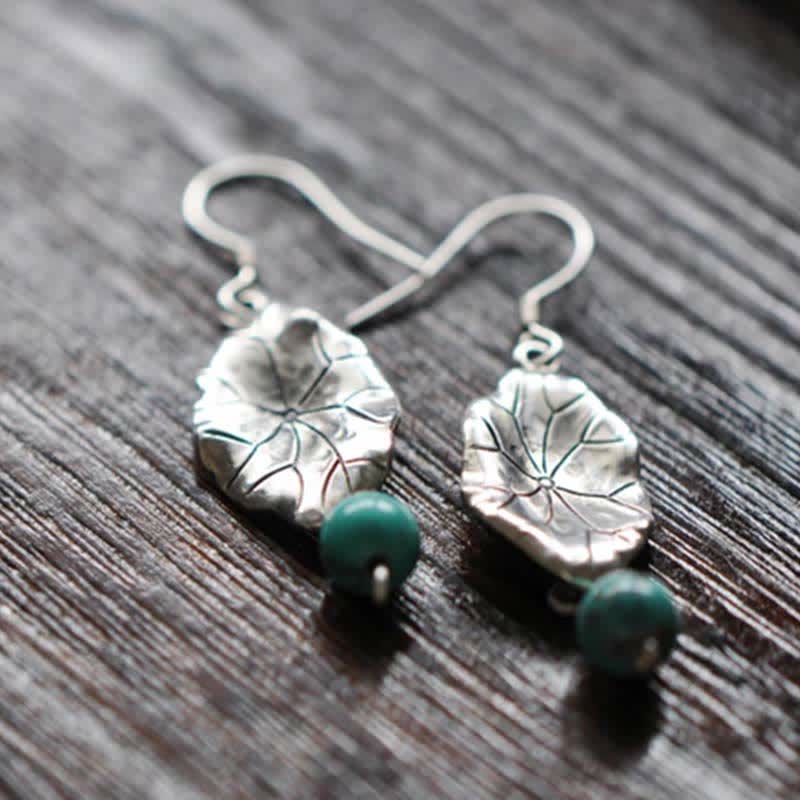 EverestArtStudios 925 Sterling Silver Turquoise Lotus Leaf Protection Drop Dangle Earrings