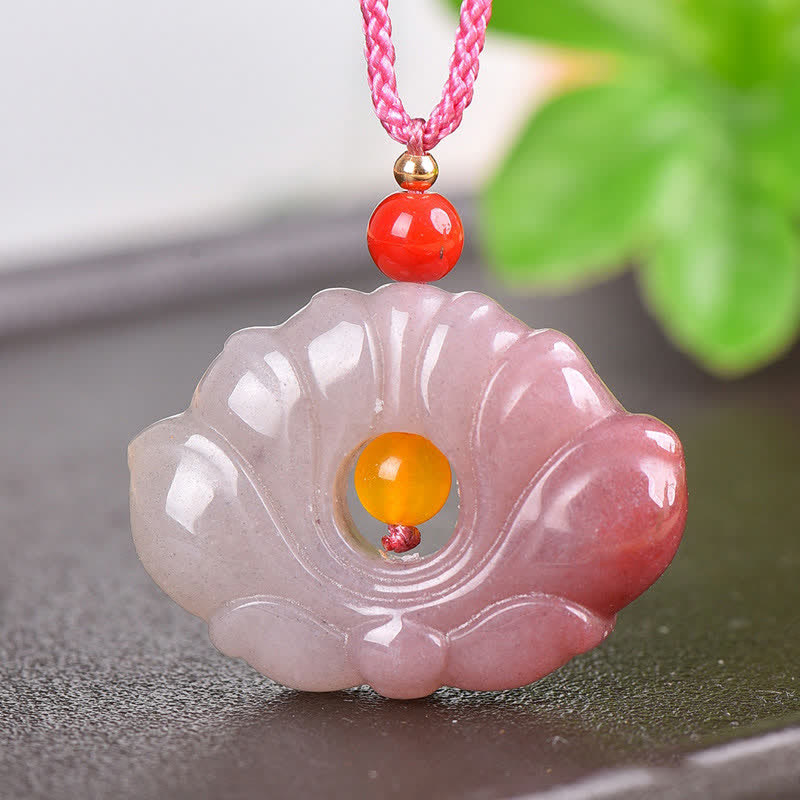EverestArtstudiosPink Golden Silk Jade Lotus Flower Wealth Necklace Pendant