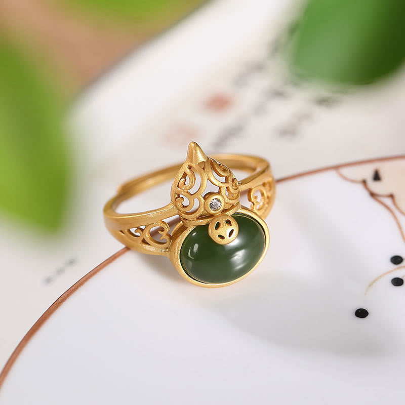 EverestArtstudios Gourd Cyan Jade Copper Coin Success Luck Adjustable Ring