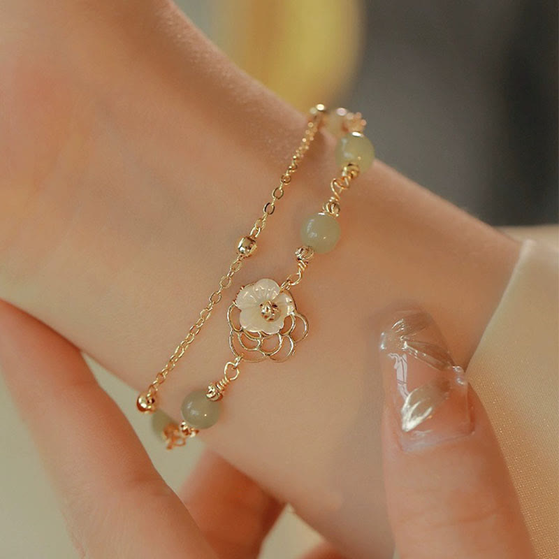 EverestArtStudios 14K Gold Plated Jade Butterfly Tridacna Stone Flower Double Layer Luck Bracelet