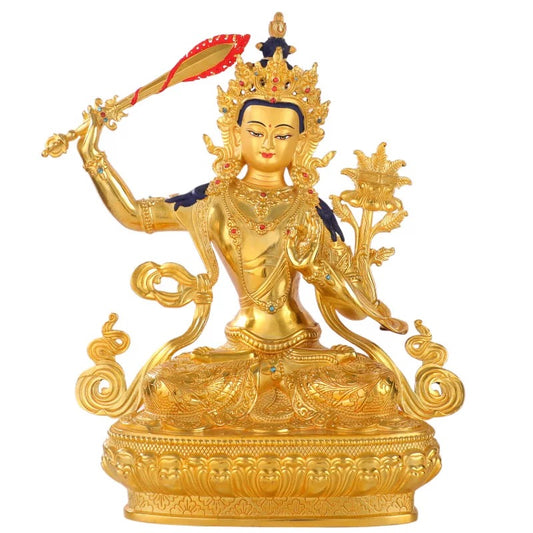 Manjushri & Samantabhadra Brass Statue – Full Gilded Tibetan Buddhist Deities, 16 cm / 21 cm / 33 cm (6.3” / 8.3” / 13”) Height
