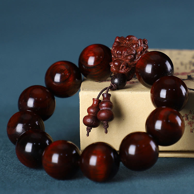 EverestArtStudios Rosewood Green Sandalwood Small Leaf Red Sandalwood Dragon Carved Protection Bracelet