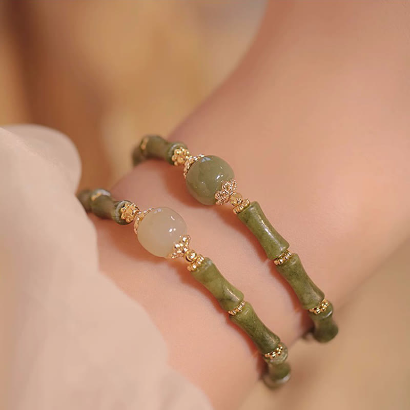 EverestArtStudios 14K Copper Plated Peridot Hetian Jade Bamboo Pattern Luck Bracelet