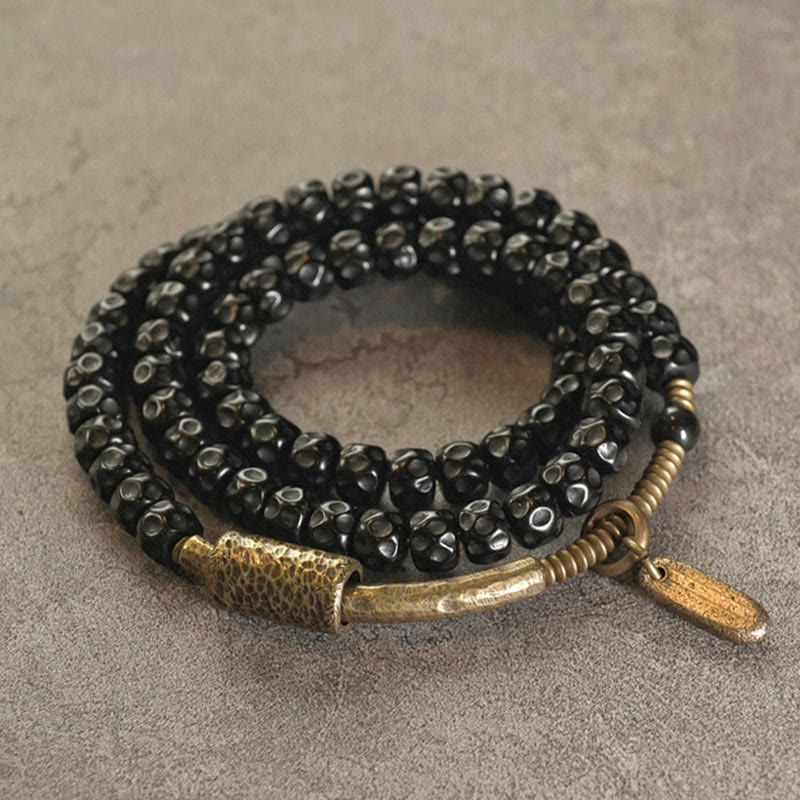 Buddha Stones Retro Coconut Shell Brass Copper Happiness Triple Wrap Bracelet