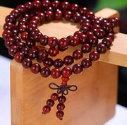 Tibetan Small-Leaf Red Sandalwood 108-Bead Mala Bracelet – Elastic with Auspicious Knot, Bead Size 8 mm = 0.31 inches