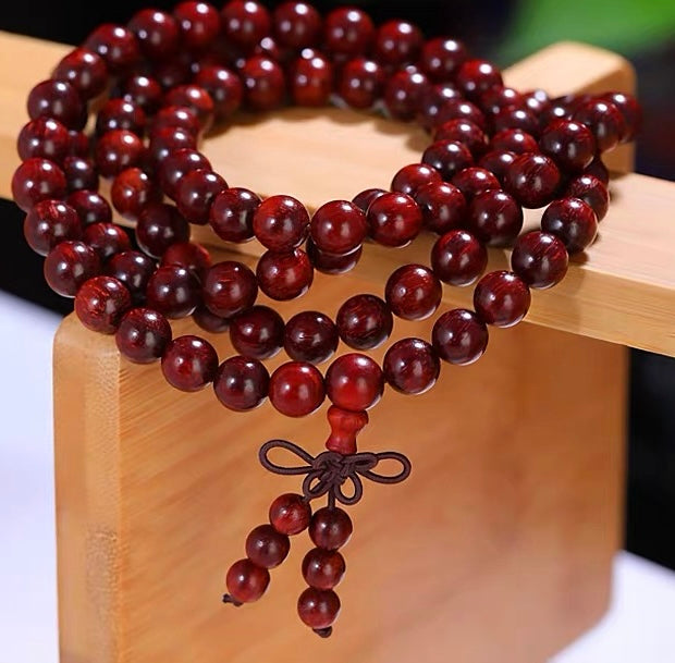 Tibetan Small-Leaf Red Sandalwood 108-Bead Mala Bracelet – Elastic with Auspicious Knot, Bead Size 8 mm = 0.31 inches