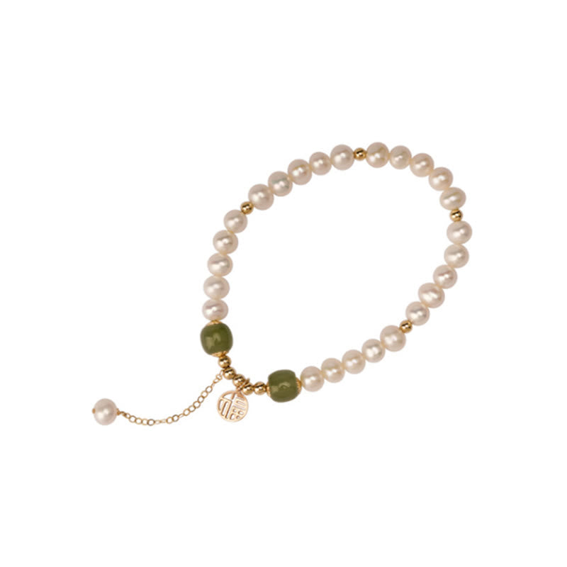 Buddha Stones Natural Pearl Hetian Jade Happiness Wisdom Bead Bracelet