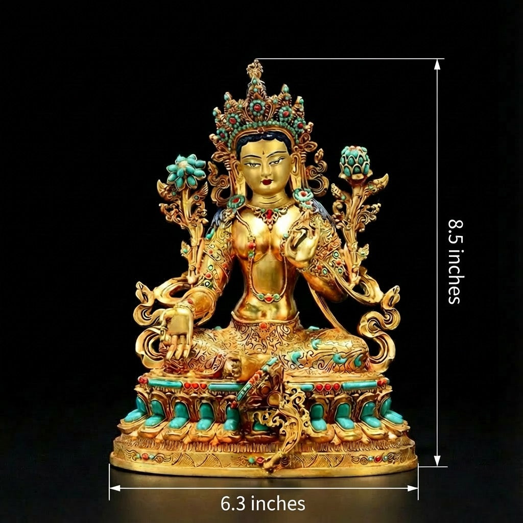 Full Gilded Green Tara Statue | Copper Buddhist Deity with Gem Inlay