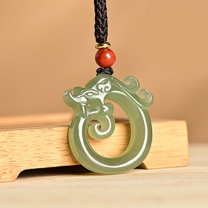 EverestArtstudios White Jade Cyan Jade Dragon Protection Necklace String Pendant
