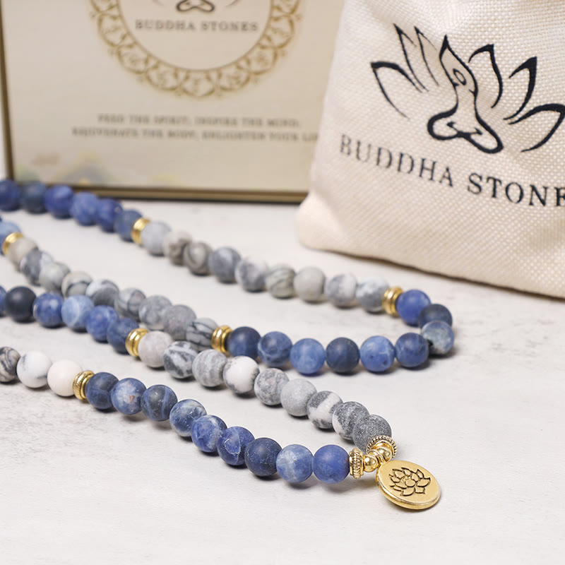 EverestArtStudios 108 Natural Picasso Jasper & Blue Stone Mala Bead Lotus Pendant Bracelet