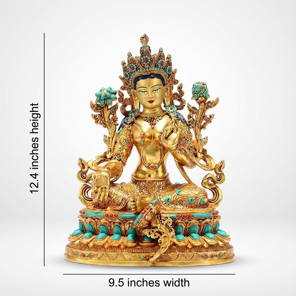 Full Gilded Green Tara Statue | Copper Buddhist Deity with Gem Inlay