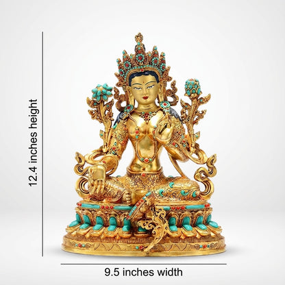Full Gilded Green Tara Statue | Copper Buddhist Deity with Gem Inlay