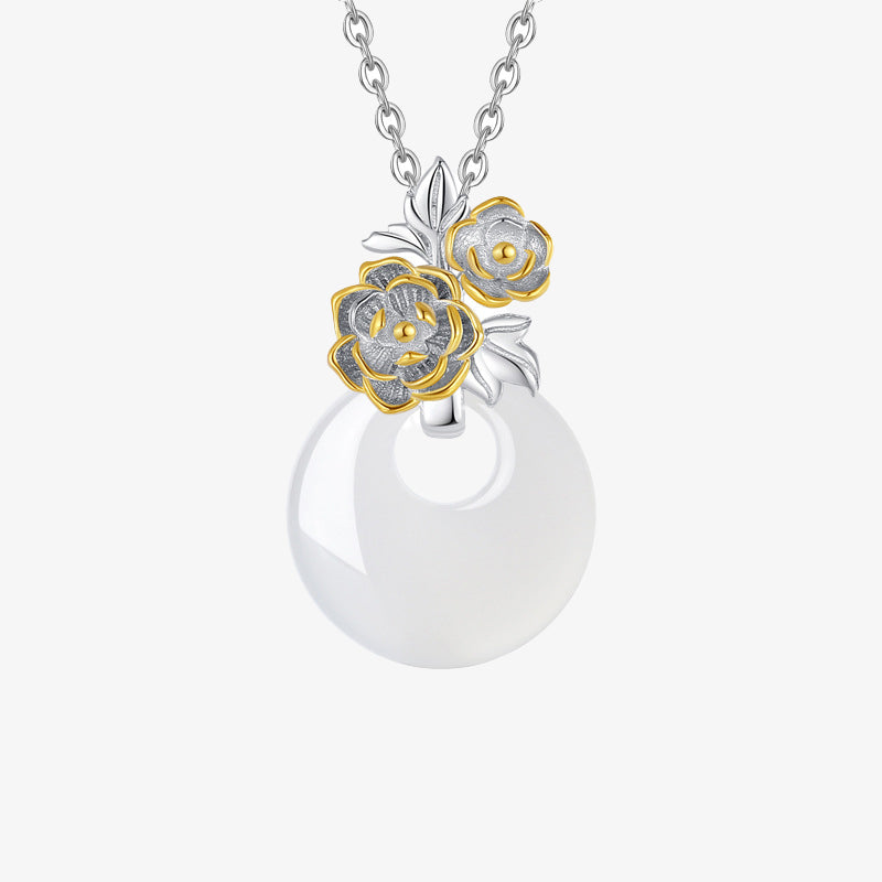 EverestArtstudios 925 Sterling Silver Round Chalcedony Twelve Months Flower Harmony Necklace Pendant