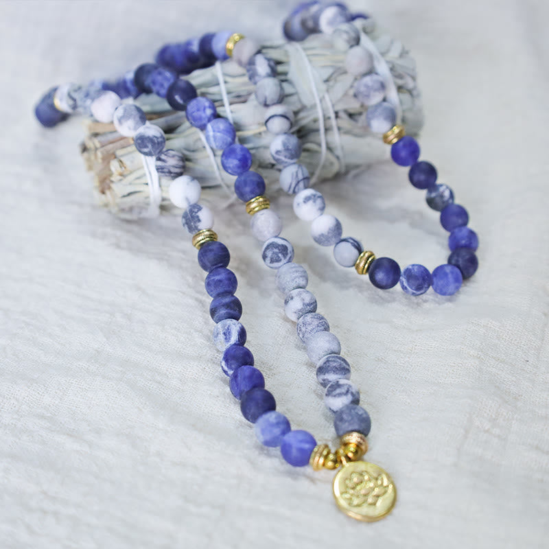 EverestArtStudios 108 Natural Picasso Jasper & Blue Stone Mala Bead Lotus Pendant Bracelet