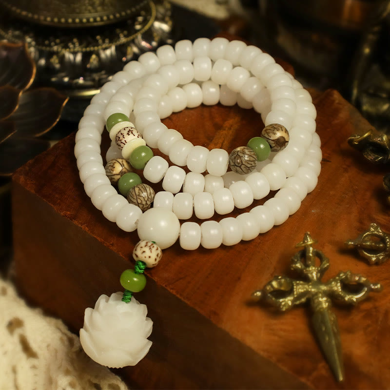 EverestArtStudios 108 Beads White Jade Bodhi Lotus Mala Harmony Necklace Bracelet