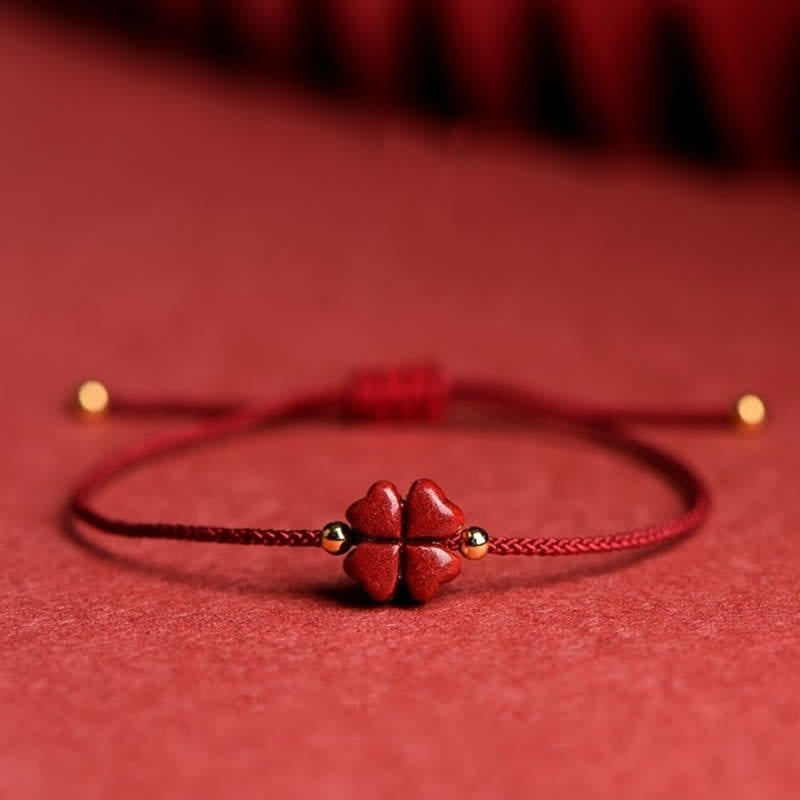 EverestArtStudios Natural Cinnabar Four Leaf Clover Blessing Red String Bracelet Anklet