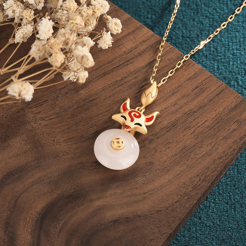 EverestArtstudios White Jade Fox Copper Coin Protection Luck Necklace Pendant