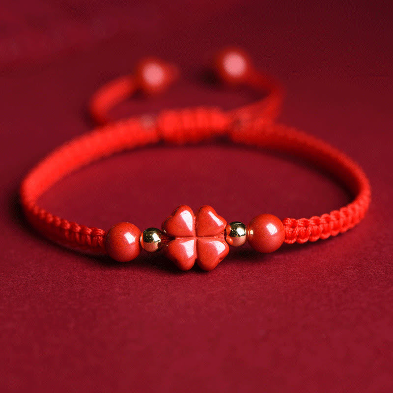 EverestArtstudios Four Leaf Clover Five-petal Flower Cinnabar Blessing Red String Bracelet