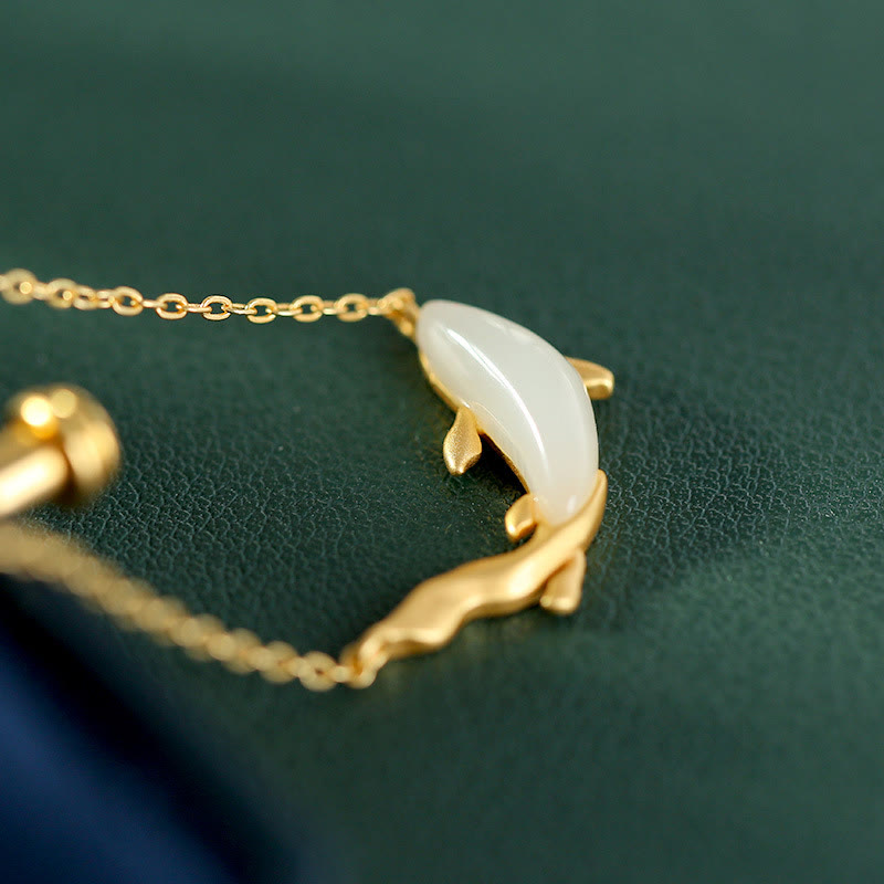 EverestArtstudios 925 Sterling Silver White Jade Dolphin Luck Necklace Pendant