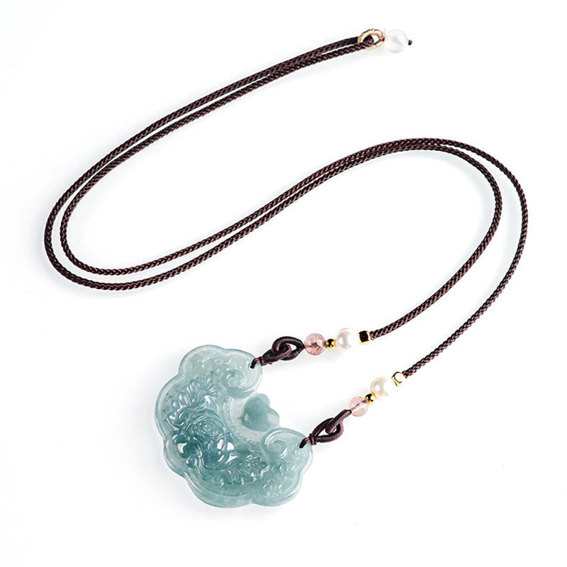 EverestArtstudios Natural Jade Peony Flower Lock of Good Wishes Prosperity Necklace Pendant