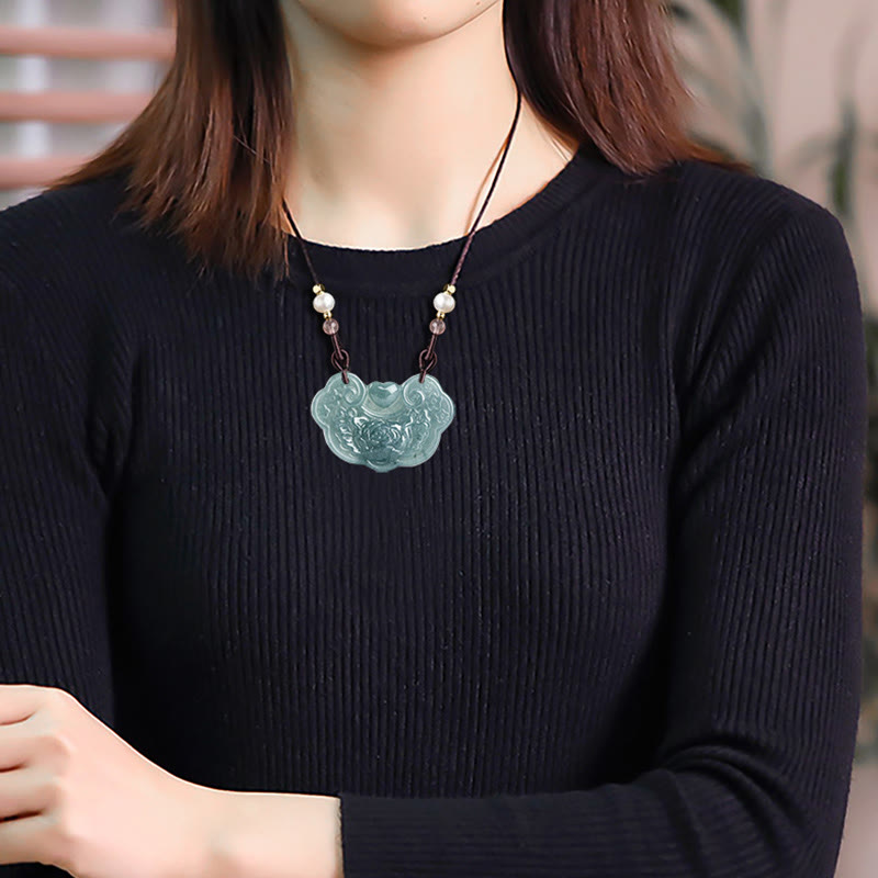 EverestArtstudios Natural Jade Peony Flower Lock of Good Wishes Prosperity Necklace Pendant