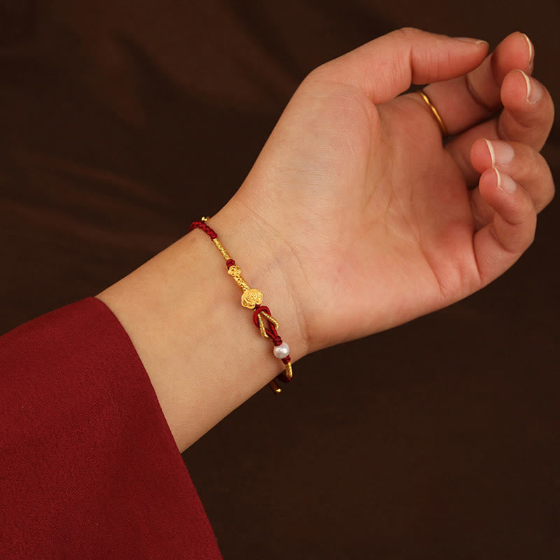 EverestArtStudios 24K Gold Wish Ruyi Handle Fu Character Rabbit Pearl Luck Braided Bracelet