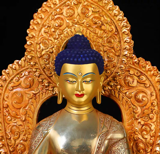 Amitabha Buddha Brass Statue – Red Antique Gold Tibetan Buddhist Deity with Backlight, 16cm / 21cm / 33cm (6.3” / 8.3” / 13”) Height