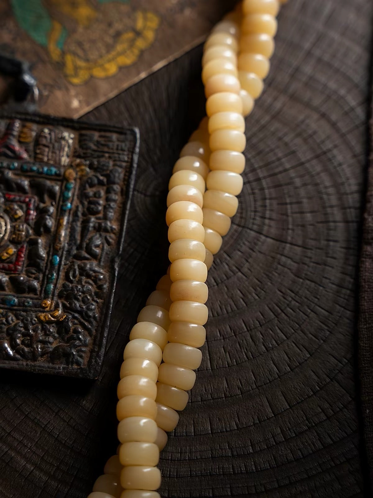 Natural Camel Bone Mala Bracelet 108 Beads, Tibetan Prayer Beads, Yellow Fossilized Bone Wrist Mala, Multi Wrap Meditation Bracelet for Men