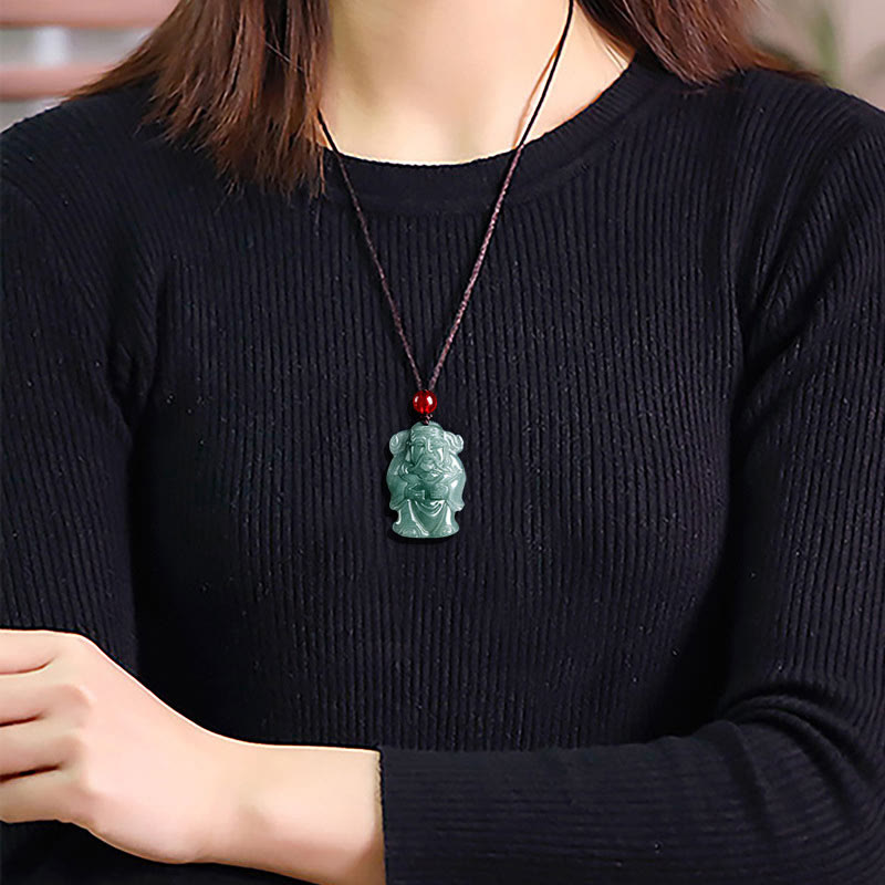 EverestArtstudios Natural Green Jade Chinese God of Wealth Caishen Ingot Abundance Necklace Pendant