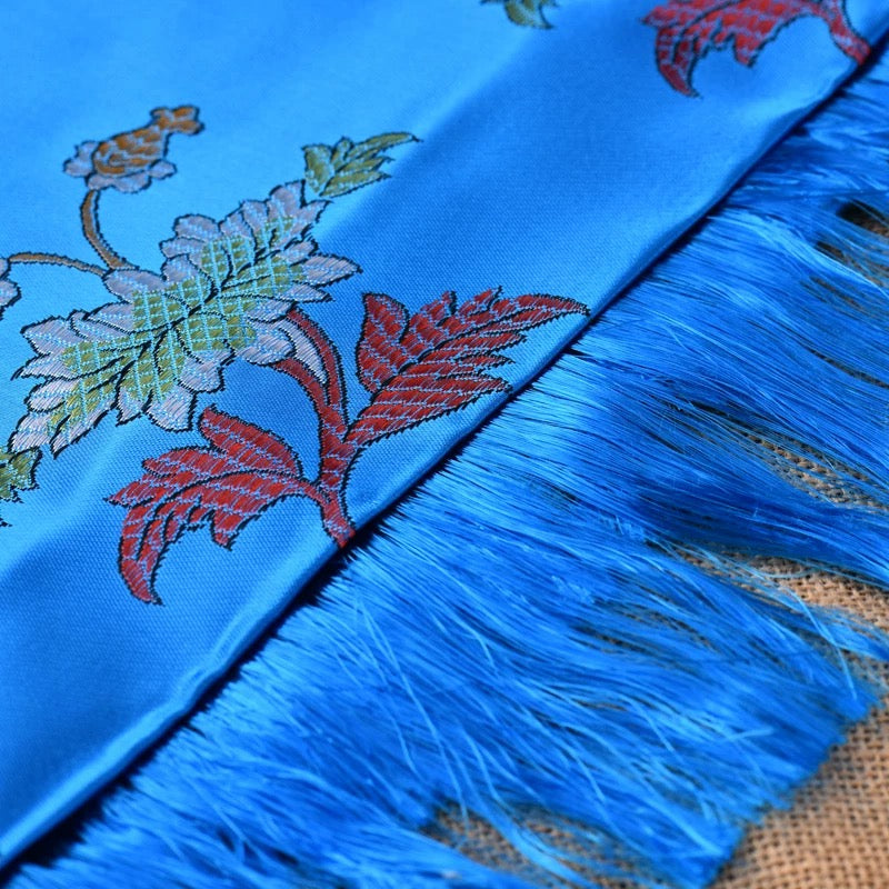 Blue Embroidered Tibetan Khata Scarf with Eight Auspicious Symbol