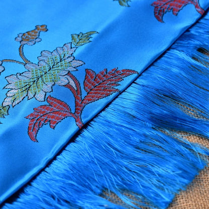 Blue Embroidered Tibetan Khata Scarf with Eight Auspicious Symbol