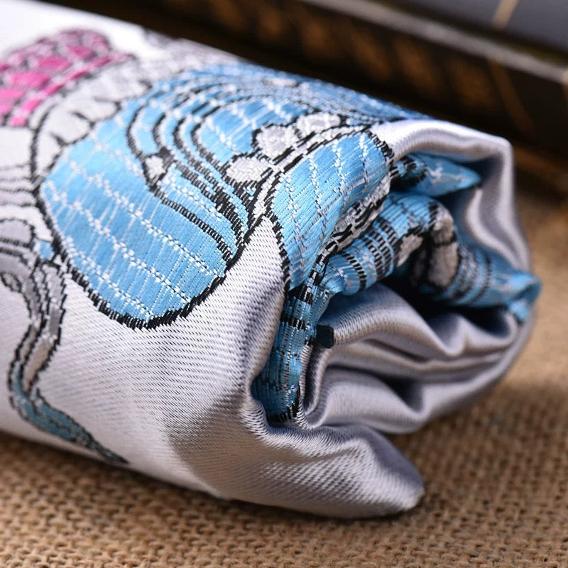 White Embroidered Tibetan Khata Scarf with Eight Auspicious Symbol