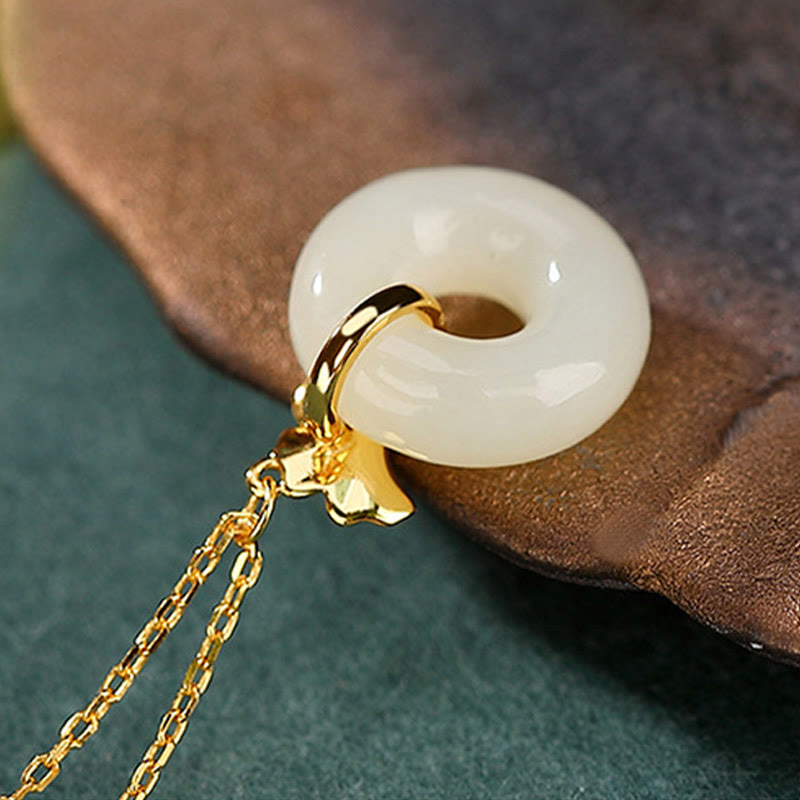 EverestArtstudios 925 Sterling Silver Natural Hetian Jade Ginkgo Leaf Peace Buckle Luck Necklace Pendant